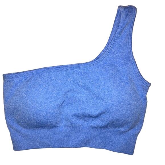 2 Piece Seamless Blue High Waist Leggings One Shoulder Sports Bra Outfit - Picture 3 of 5